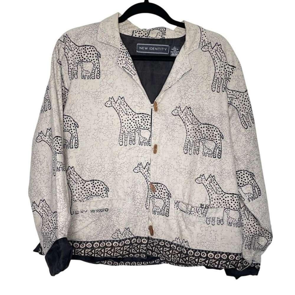 New Identity Giraffe Print Jacket Womens Large Beige Black Art to Wear Eclectic